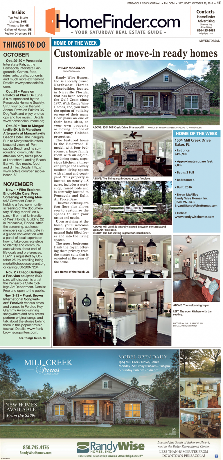 Scan of the Pensacola News Journal featuring the Mill Creek Farms model house as "Home of the Week"